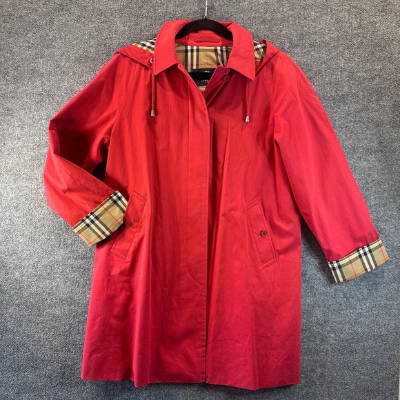 BURBERRY LONDON Trench Coat Red Nova Check Lining Sz 14 Removable Hood USA Made - Picture 2 of 16
